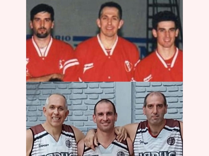 Compañeros de toda la vida. Arriba, de izquierda a derecha, Sergio Block, Rafael &quot;Rafa&quot;Liguori y Javier Madero, en 1998, defendiendo los colores de Independiente. Abajo, el Rafa, Javier y Sergio, con menos pelo, pero con los mismos gestos, compartiendo equipo en Lanús.