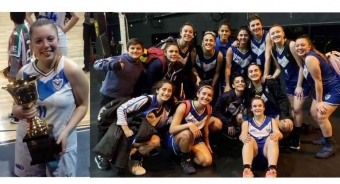 Ludmila con la Copa de la Liga de Desarrollo y el equipo celebrando.